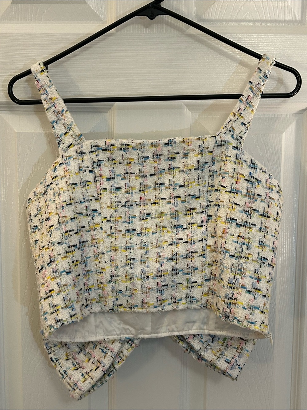 Avec Les Filles Tweed Bow Bustier Crop Top White Multicolor Size S
